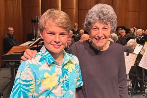 Summer Band Camp Scholarship given to Alex Teijelo, with Susan Aaron, April 2023