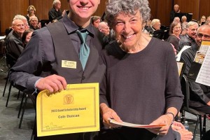 Summer Band Camp Scholarship given to Cole Duncan, with Susan Aaron, April 2023