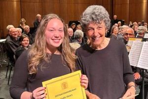 Summer Band Camp Scholarship given to Faith Henry, with Susan Aaron, April 2023
