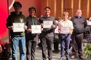 Scholarships to Summer Band Camps given to Chris Spigola, Logan Morrison, Francisco Macia Antunano, Alex Teijelo with David Wing, April 29, 2024