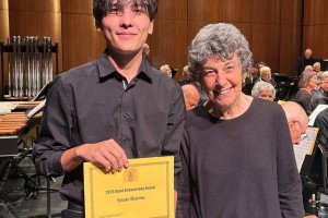 Summer Band Camp Scholarship given to Sean Burns, with Susan Aaron, April 2023