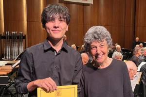 Summer Band Camp Scholarship given to Sean Burns, with Susan Aaron, April 2023