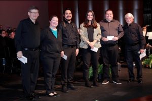 Schools given band grants of $4,000 each - Laurel Nokomis School: Angela McKenzie, Heron Creek Middle School: Osciel Urbina, Gulf Coast Homeschool Fine Arts: Jaclyn Winters, Venice High School: David Wing. Pictured between David Kaiser, VCB Pres. and Russ Bullis, VCB Treas.  February 23, 2026.